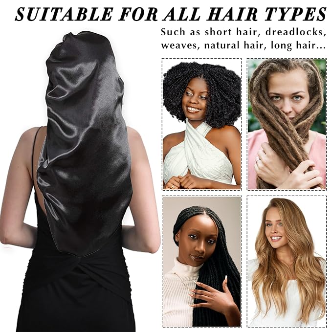 3Pcs Bonnets for Black Women - Satin Silk Bonnet with Stretchy Tie Band for Braids, Long Curly Hair (Black, Green, Brown)