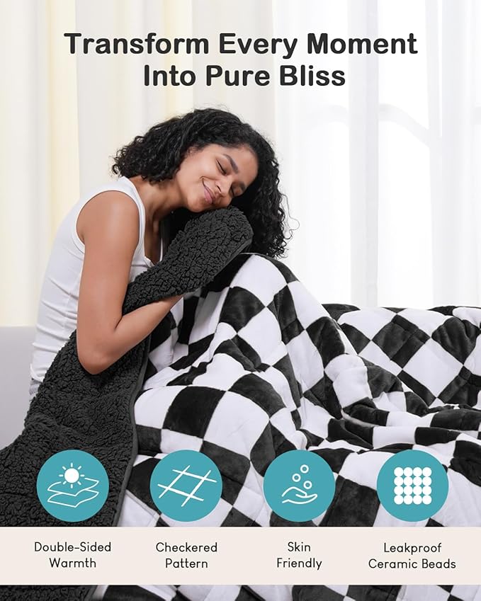 Cottonblue Weighted Blanket for Adults Queen Size 15lbs, Soft Sherpa Flannel Checkered Weighted Blankets, Fluffy Fuzzy Fleece Bed Heavy Blankets for Calming and Relax, Plaid Black, 60" x 80"