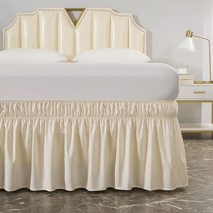 MEILA Wrap Around Bed Skirt Three Fabric Sides Elastic Dust Ruffled 24 Inch Tailored Drop,Easy to Install Fade Resistant-Beige, Queen/King