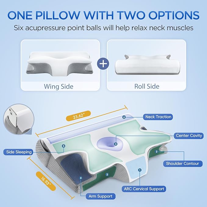 Effective Pain Relief Cervical Neck Pillow for Sleeping, Memory Foam Pillows for Neck Support, Odorless Contour Side Pillow, Ergonomic Bed Pillow for Back Stomach Sleeper (White and Grey)