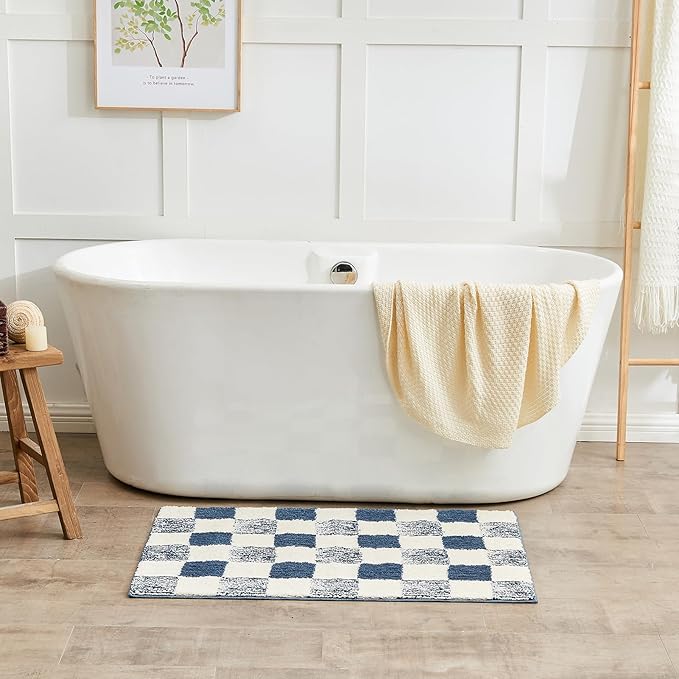 CozeCube Bath mats for Bathroom Non Slip, Fluffy Absorbent Microfiber Bath mat Washable, Aesthetic Bathroom Rugs, Large Navy Blue Checkered Bath mat, Navy Blue, 36" x 24"