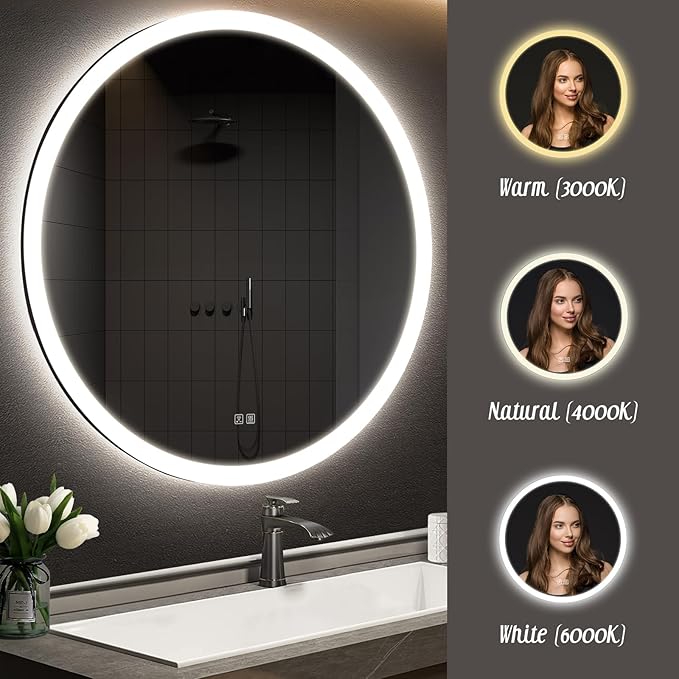 APRILSOUL 44 Inch Round LED Bathroom Vanity Mirror with Front and Backlit, Led Mirror with Anti-Fog, 3 Colors and Dimmable Light