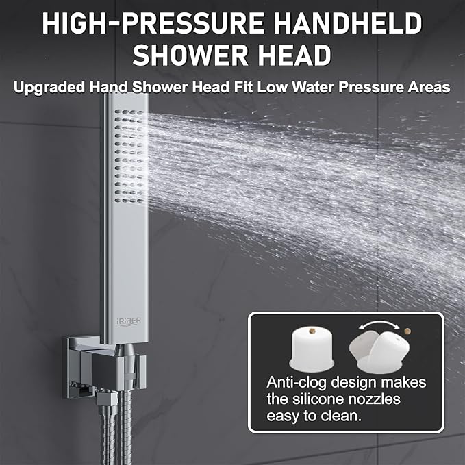 Iriber 12 Inch Bathroom Shower System Polish Chrome Wall Mounted Square Mixer Shower Faucet Combo Set with Hand Held Rough-in Valve Rainfall Shower and Trim