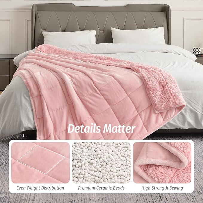 Wemore Sherpa Fleece Weighted Blanket for Adult, 15 lbs Dual Sided Cozy Fluffy Heavy Blanket, Ultra Fuzzy Throw Blanket with Soft Plush Flannel Top, 80 x 87 inches, Pink on Both Sides