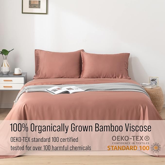 Bella Coterie Luxury Bamboo Viscose Queen Size Sheet Set | 100% Organically Grown | Ultra Soft | Cooling for Hot Sleepers | 18" Deep Pocket [Raisin]