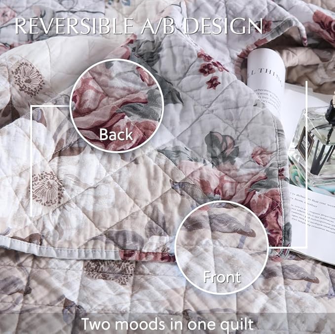 Cotton Bedspread Quilt Bedding Sets 3 Pieces Reversible Coverlet Sets Comforters Vintage Floral Patchwork White Bedspread, Queen Size