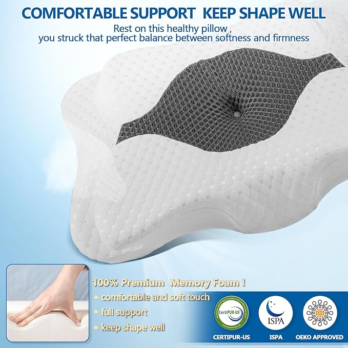 Memory Foam Pillow, Cervical Pillow for Neck and Shoulder Pain Relief, Ergonomic Contour Bed Pillow, Soft for Side Sleep Stomach Sleeping and Back Sleeper