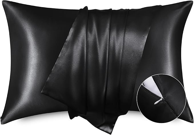 Bedsure Satin Pillowcase with Zipper, Similar to Silk Pillow Cases 2 Pack, Satin Pillow Cases Queen Size Set of 2, Silky & Soft Black Pillow Covers for Hair and Skin, Gifts for Women Men, 20x30 Inches