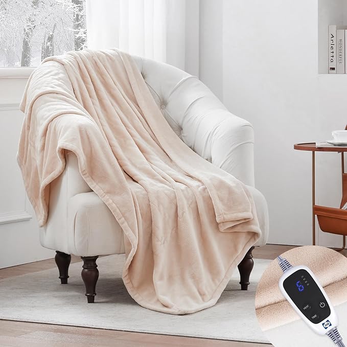 Sealy Electric Blanket Heated Throw, Soft Flannel Heated Blanket with 6 Heating Settings & 2-10 Hours Auto Shut Off, Fast Heating & Machine Washable, 50x60 Inch, Beige