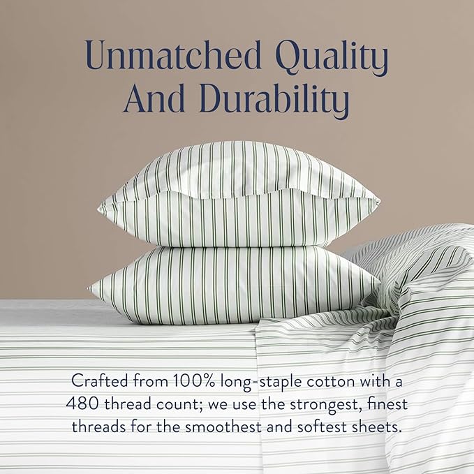 Brooklinen Luxury Sateen Duvet Cover - 100% Cotton, Full/Queen Size in Green Tandem Stripe with Extra-Long Corner Ties and Button Closure - Best Full/Queen Duvet Covers