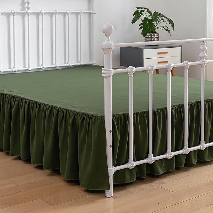 Bed Skirt King Size Ruffled Bed Skirts with Split Corners, 12 Inch Drop Dust Ruffle Bed Skirt with Platform, Green, King - 12" Drop