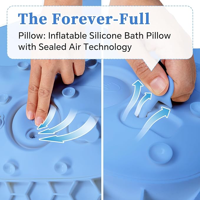 Silicone Bath Pillow for Tub Adults, 4D Air-Cushion Bathtub Pillow for Head Neck and Back Support, Non-Slip Suction Cups, Quick-Drying Waterproof Spa Pillow, Easy to Clean & Store (Blue
