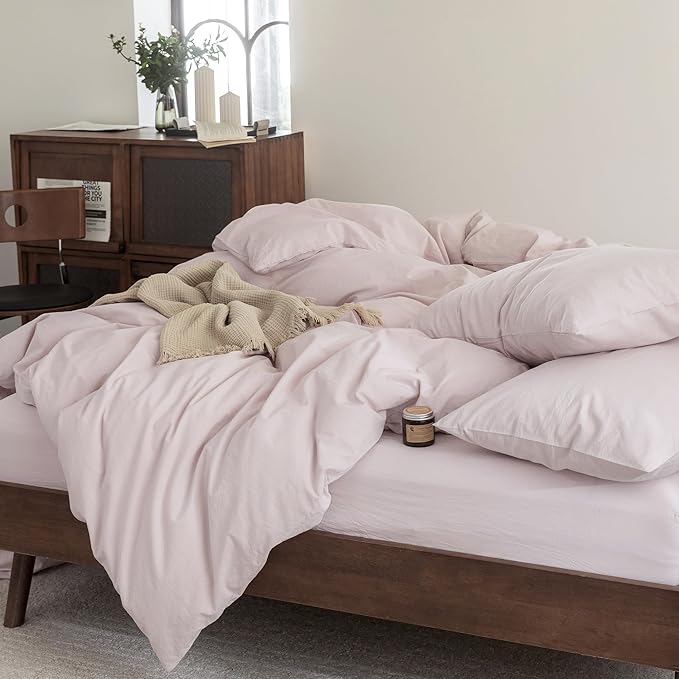 FOSSA Duvet Cover Set 100% Washed Cotton Linen Feel Super Soft Breathable Cozy 3 Pieces Bedding Sets Solid Greyish Pink King