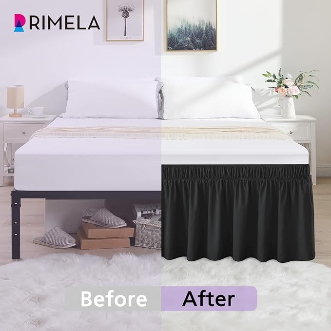 RIMELA Black Bed Skirt King Size 18 Inch Drop, Elastic Bed Skirting for Bed Base and Frame, Bedding Dust Ruffle Easy to Install, Lightweight Wrap Around Adjustable Bedskirt