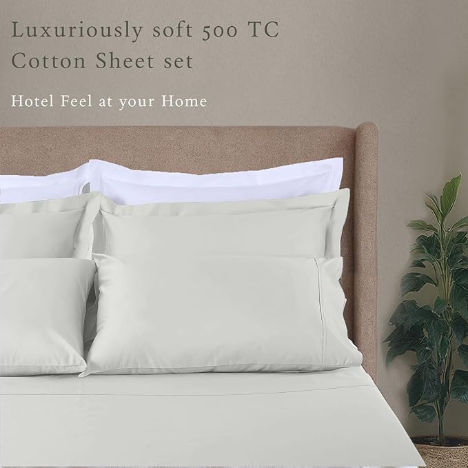 Threadmill Cotton Sheets for King Size Bed, 100% Cotton, 500 Thread Count, Deep Pocket Sheet Set for King Size Bed, Snug Fit, Soft & Crisp Cooling Hotel Quality Bed Sheets 4 Piece Set, Light Grey