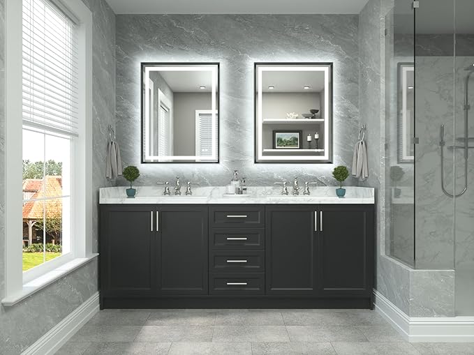 TETOTE 28 x 36 Bathroom LED Mirror Brushed Gunmetal Gray Frame Frontlit & Backlit Vanity Mirror Anti-Fog Stepless Dimmable 3 Colors White/Warm/Natural Wall-Mounted