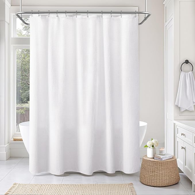 Extra Long Waffle Shower Curtain - White Cotton Texture Fabric Heavyweight Shower Curtain for Bathroom,72Wx90L