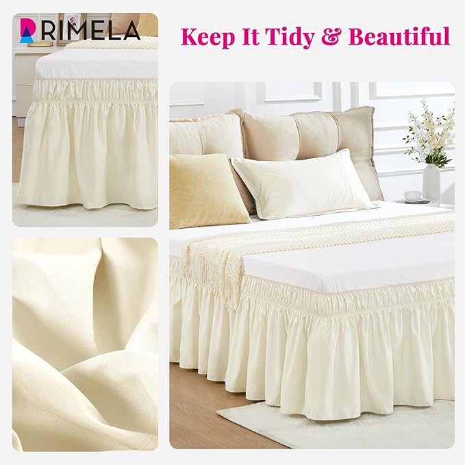 RIMELA Off White Bed Skirt Queen Size 18 Inch Drop, Elastic Bed Skirting for Bed Base and Frame, Bedding Dust Ruffle Easy to Install, Lightweight Wrap Around Adjustable Bedskirt