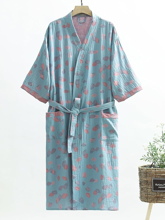 Women Cotton Double Gauze Jacquard Kimono Robe Bathrobe with Belt Pocket Comfortable Loungewear Yukata Sleepwear