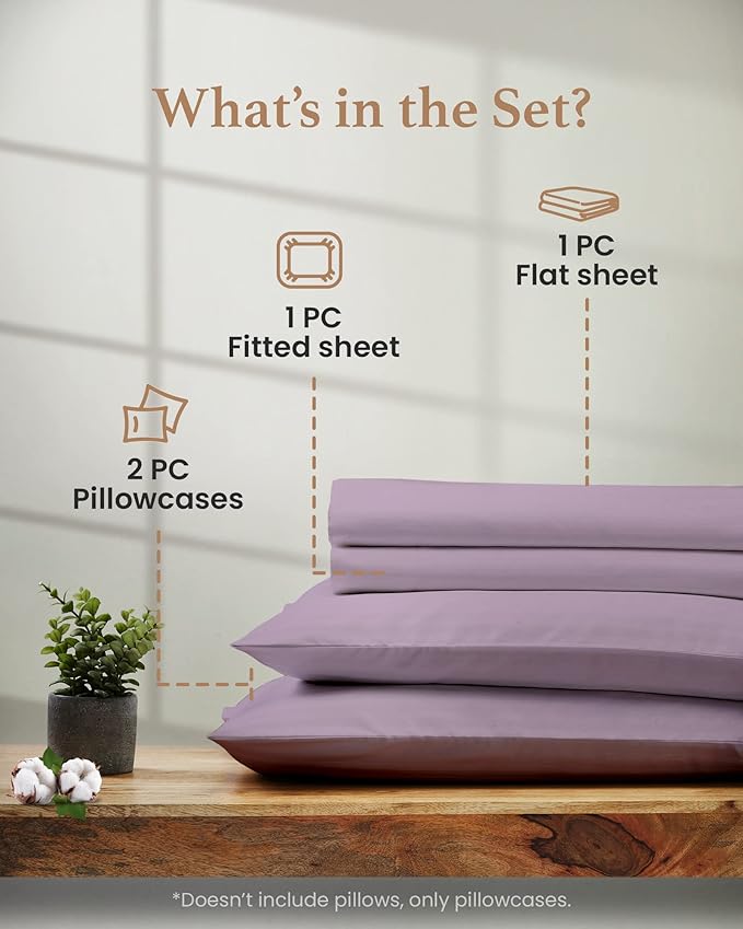 Good Sleep Bedding 4 Pc Lavender Twin Sheet Set for Twin Mattress, Egyptian Cotton Bed Sheets for Bed, Soft Breathable 16" Deep Pocket Bed Set - 1 Fitted Sheet, 1 Flat Sheet, 1 Pillow Case