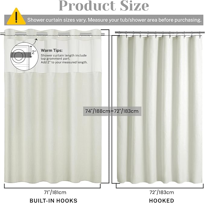 No Hook Shower Curtain with Snap in Liner Set Waffle Shower Curtain for Bathroom Hotel Style Fabric Waterproof Inner Liner，71" W x 74" H, Ivory