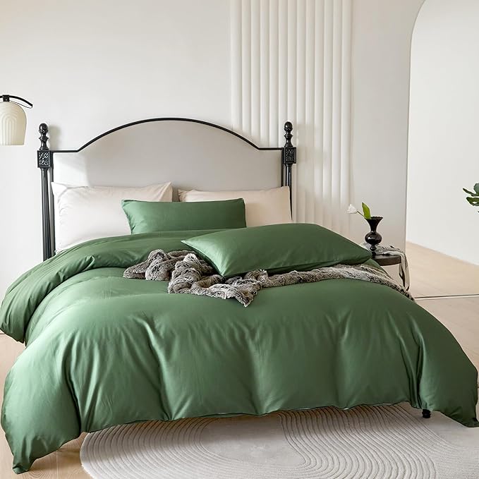 PURE ERA Duvet Cover Set 800 Thread Count Long Staple Cotton Sateen Silky Soft Luxurious Smooth 3 Piece Set Forest Green Cal King