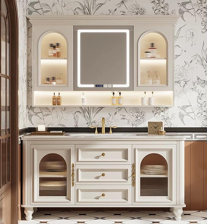 Freestanding Bathroom Vanity with Sink, Solid Wood Bathroom Vanity Set, Vintage Bathroom Vanities with Large Capacity Storage Cabinet and Open Shelf, Elegant Vanities (White,44")