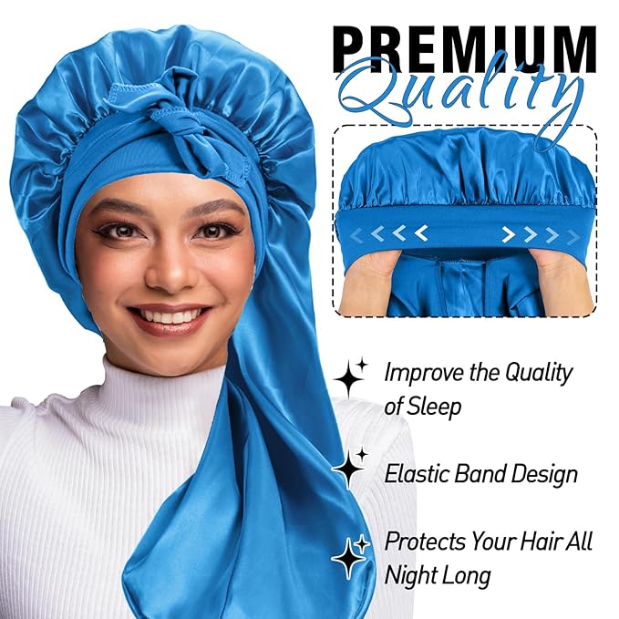 2Pcs Bonnets for Black Women Braid Bonnet, Large Long Satin Silk Bonnet for Braids,Black Women Braid Bonnet with Stretchy Tie Band for Sleeping Extra Long (Blue&Printing Flower) Purple