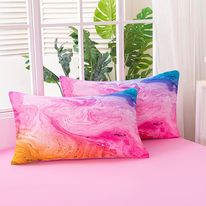 6Pcs Tie Dye Twin Comforter Set for Girls Kids, Watercolor Marble Abstract Art Pink Bedding Sets Twin Bed in A Bag (1 Comforter, 1 Flat Sheet, 1 Fitted Sheet, 1 Cushion Cover, 2 Pillowcases)