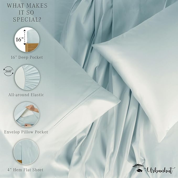URBANHUT 1000 Thread Count California King Sheet Set Egyptian Cotton, Long Staple Soft & Breathable, 4 Pc Bed Sheet Sets, Luxury Hotel Sateen Sheets Fits 16" Deep Pocket - Light Blue