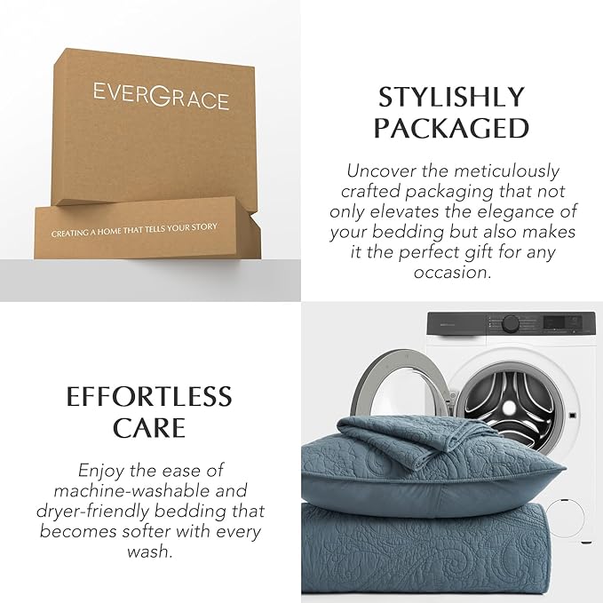 EVERGRACE 100% Cotton Paisley Quilt Set, King Size 3 Piece Set – Prewashed Lightweight Bedspread with 2 Shams, Soft & Breathable Matelasse Coverlet for All-Season Comfort, Stormy Blue
