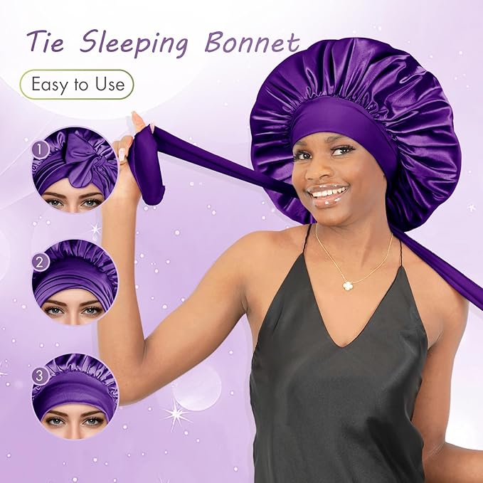 BONNET QUEEN Silk Bonnet for Sleeping Women Big Satin Bonnet Night Sleep Cap Wrap for Curly Hair with Adjustable Tie Band,Large, Purple