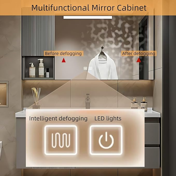 52IN Suspended Bathroom Cabinet Combo Set - Fully Functional LED Mirror with Smart Defogging & Time Display | Bathroom Vanity with Sink,Side Cabinet Storage Compartment (Style A)