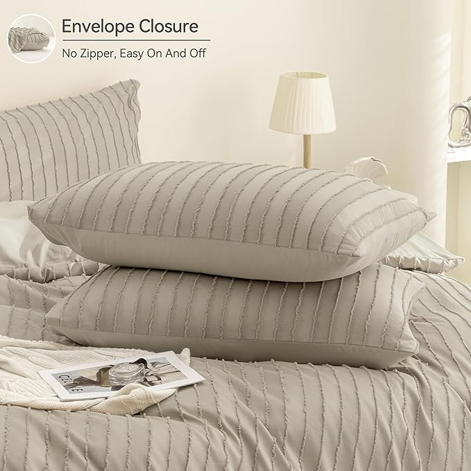 JELLYMONI Duvet Cover Twin Size Khaki - 3PCS Boho Striped Duvet Cover Set Polyester Tufted Bohemian Textured Comforter Cover 68×90in with Corner Ties & Zipper and 2 Pillowcases