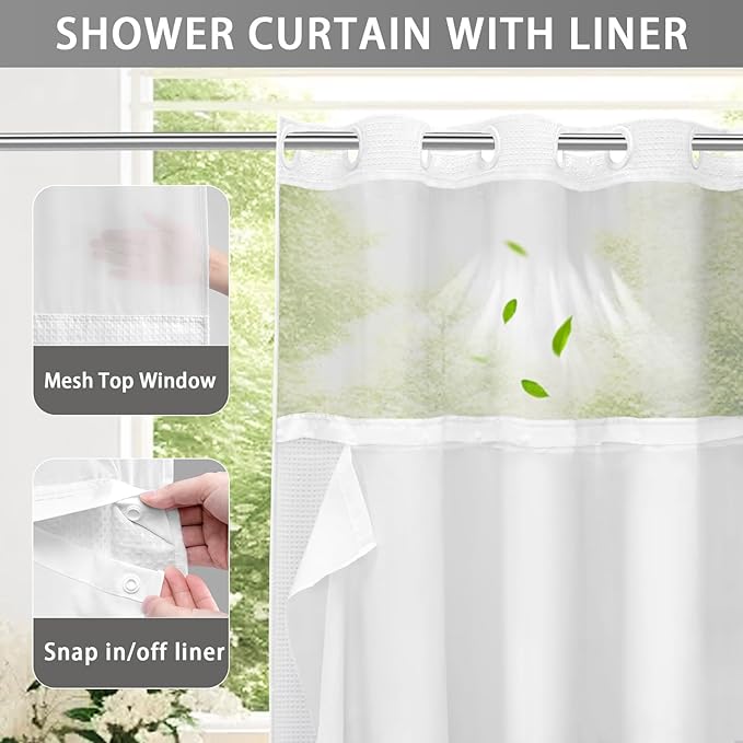 YellyHommy Stall No Hook Shower Curtain with Snap in Fabric Liner Set Less Time White Waffle Shower Curtain for Bathroom 75" L x 36" W