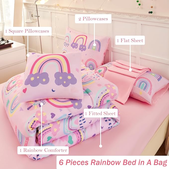 ANGIYUIN Colorful Rainbow Twin Size Comforter Set for Girls Cartoon Clouds Love Hearts Bedding Set with Sheets 6Pcs Kids Bed in A Bag, Pink, Twin