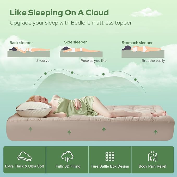 BEDLORE California King Mattress Topper Viscose Derived from Bamboo, Thick Pillow Top Mattress Pad with Stretchable Pockets for 6"-18" Mattress, Soft Mattress Topper for Back Pain Relief(Beige)