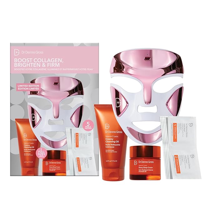 Dr. Dennis Gross Boost Collagen, Brighten & Firm Kit – Pink dpl Faceware Pro LED Device + Cleansing Oil + Dewy Deep Cream + 5 Universal Daily Peels | $592 Value Limited Edition Gift Set