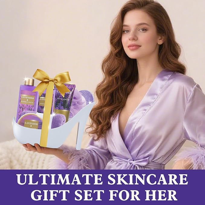 Christmas Gifts For Women, Spa Gift Basket for Women– 9 Piece Set of Lavender Home Spa Set, Bath Gift Set, with Shower Gel, Shea Butter and Body Lotion, Anniversary Basket Gifts for Mom, Wife