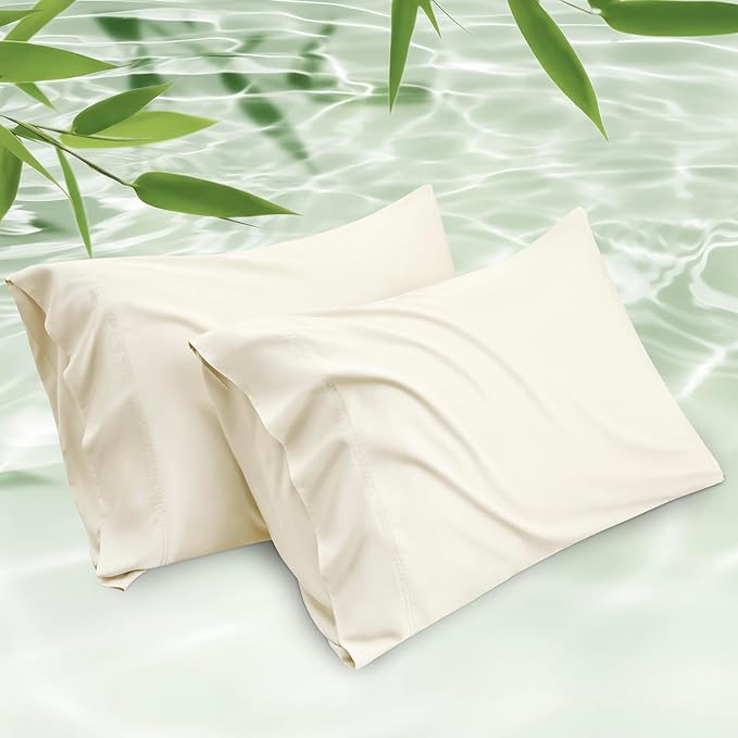 Bedsure Pillow Cases Queen, Cooling Pillow Cases, Rayon Derived from Bamboo Cream Pillowcases Queen Size Set of 2, Silky Soft & Breathable Bedding Pillow Covers with Envelope Closure, 20x30 Inches
