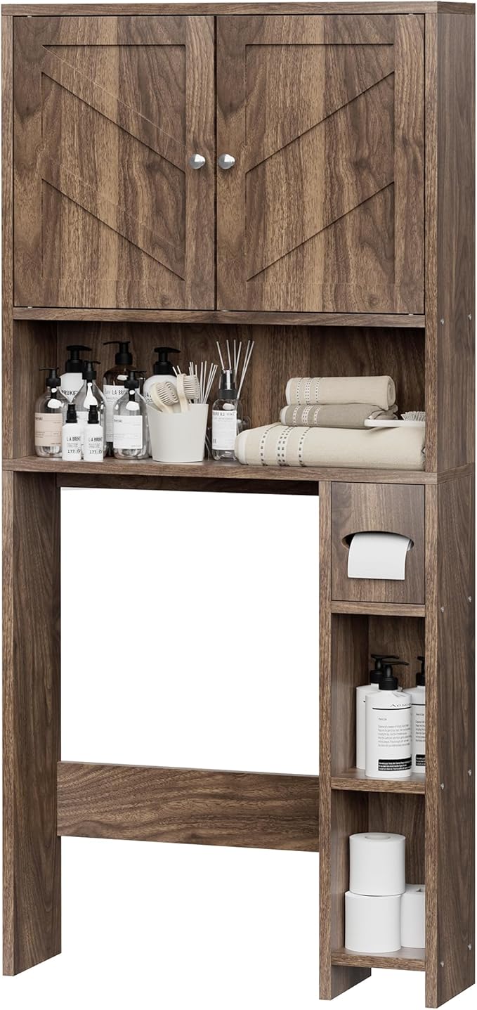 Meilocar Bathroom Storage Cabinet Over Toilet with Toilet Paper Holder Stand, Freestanding Bathroom Storage Organizer Cabinet Space Saver W/Adjustable Shelf, Walnut
