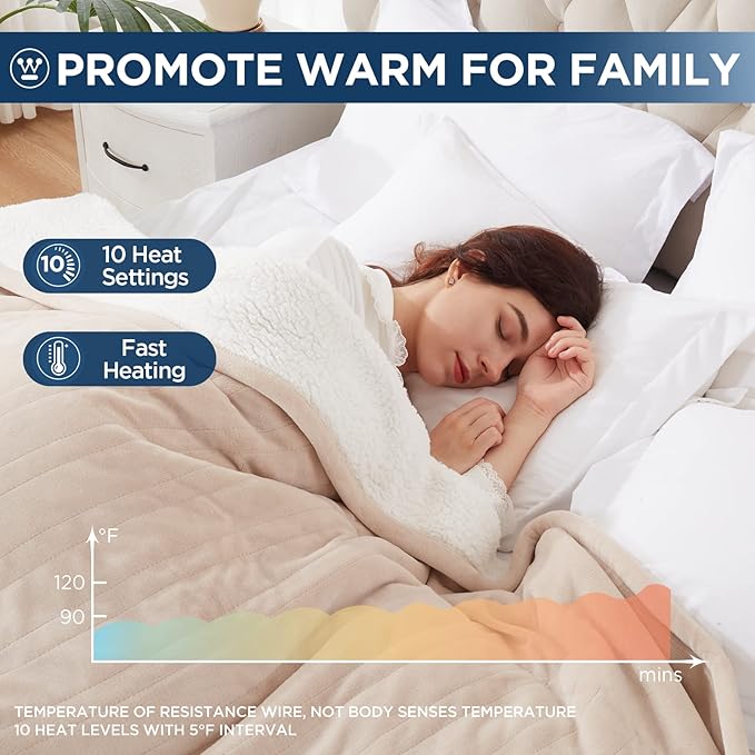 Westinghouse Electric Blanket Queen, Heated Blanket Queen Size with 10 Heating Levels and 1 to 12 Hours Heating Time Settings, Flannel to Sherpa Reversible, Machine Washable (84" x 90", Beige)