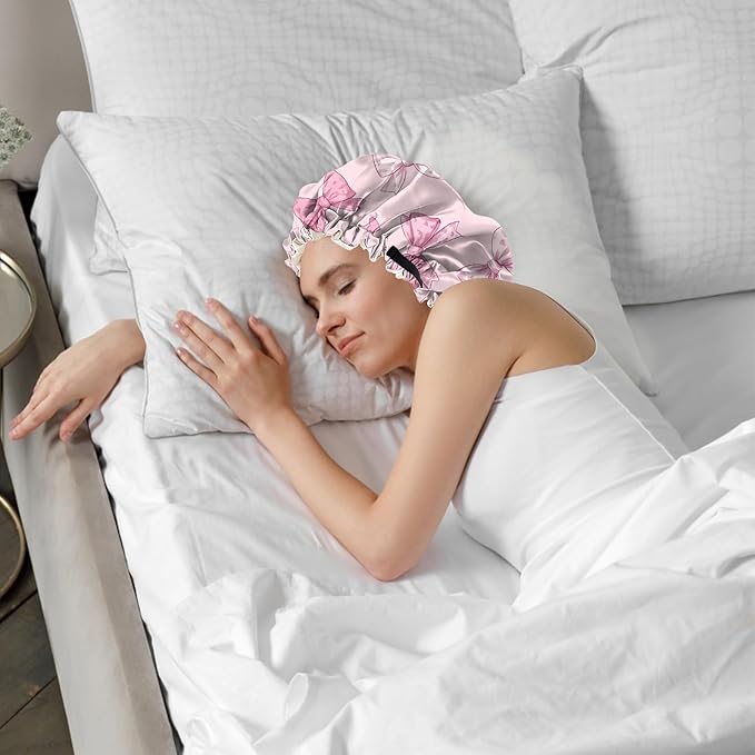 2 PCS Bonnets for Women Girls Satin Hair Bonnet Silk Adjustable Elastic Double Layer Hair Wrap Sleep Cap Comfort Cute-Bowknot Flower