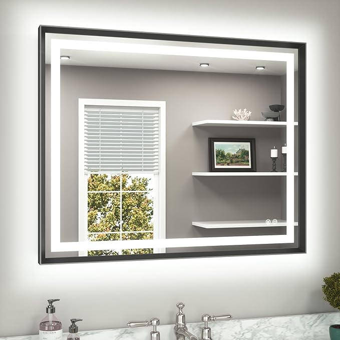 TETOTE 40 x 32 Led Mirror Brushed Black Metal Frame Frontlit & Backlit Vanity Mirror Anti-Fog Stepless Dimmable 3 Colors White/Warm/Natural Wall Mirror with Lights Wall-Mounted
