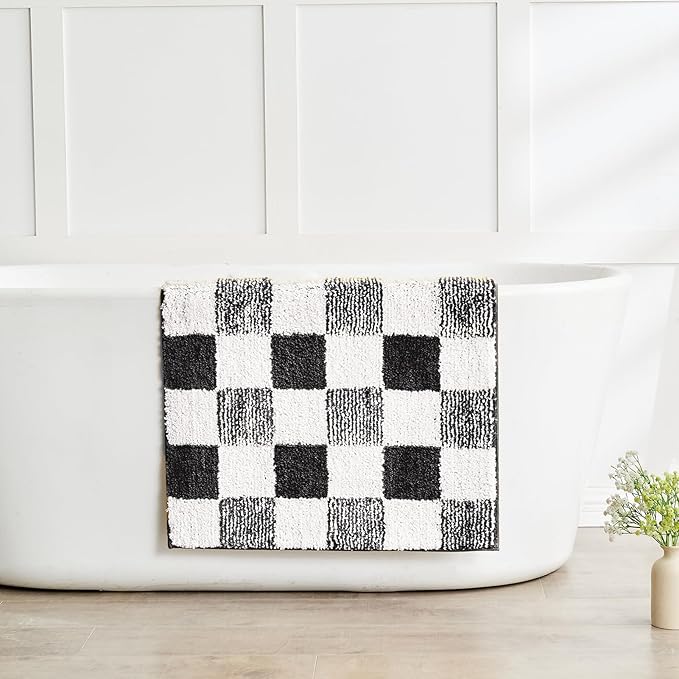 CozeCube Bath mats for Bathroom Non Slip, Fluffy Absorbent Microfiber Bath mat Washable, Aesthetic Bathroom Rugs, Large Jet Black Checkered Bath mat, Jet Black, 36" x 24"