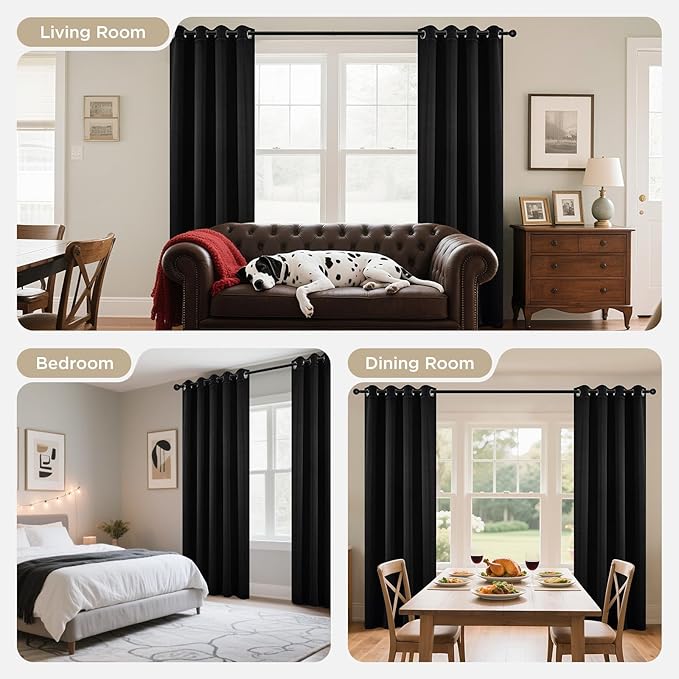 Joydeco Blackout Curtains 63 Inch Length 2 Panels Set, Thermal Insulated Long Curtains& Drapes 2 Burg, Room Darkening Grommet Drapes for Living Room Bedroom Window (W52 x L63 Inch, Black)