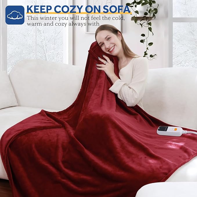 Sealy Heated Blanket Electric Throw 50"x60", Soft Double Flannel Electric Blanket with 6 Heat Levels & 2-10 Hours Auto Shut Off, Machine Washable, Even Heat Distribution, Red