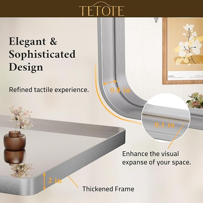 TETOTE 60 x 30 Inch Silver Vanity Mirror, Brushed Silver Rectangle Metal Framed Modern Mirrors for Bathroom, Farmhouse Round Corner Wall Mounted Mirror (Horizontal/Vertical)