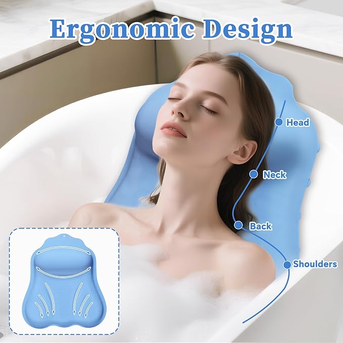 Silicone Bath Pillow for Tub Adults, 4D Air-Cushion Bathtub Pillow for Head Neck and Back Support, Non-Slip Suction Cups, Quick-Drying Waterproof Spa Pillow, Easy to Clean & Store (Blue