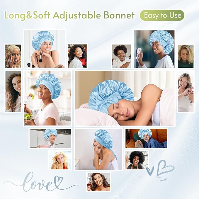 BONNET QUEEN Silk Satin Bonnet for Sleeping Women Adjustable for Curly Dryer Braid Wig Hair Tie Band Night Sleep Hat Cap Loc Soft Elastic M Azul